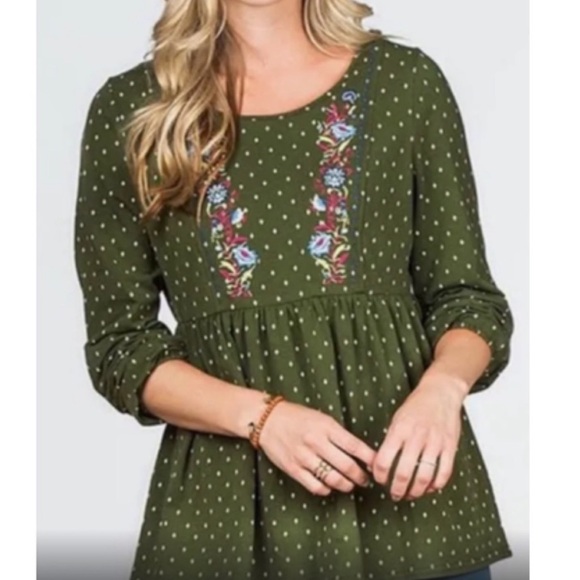 Matilda Jane Tops - Matilda Jane Green Pin Dot Through Generations Bubble Sleeve Blouse Jersey Knit
